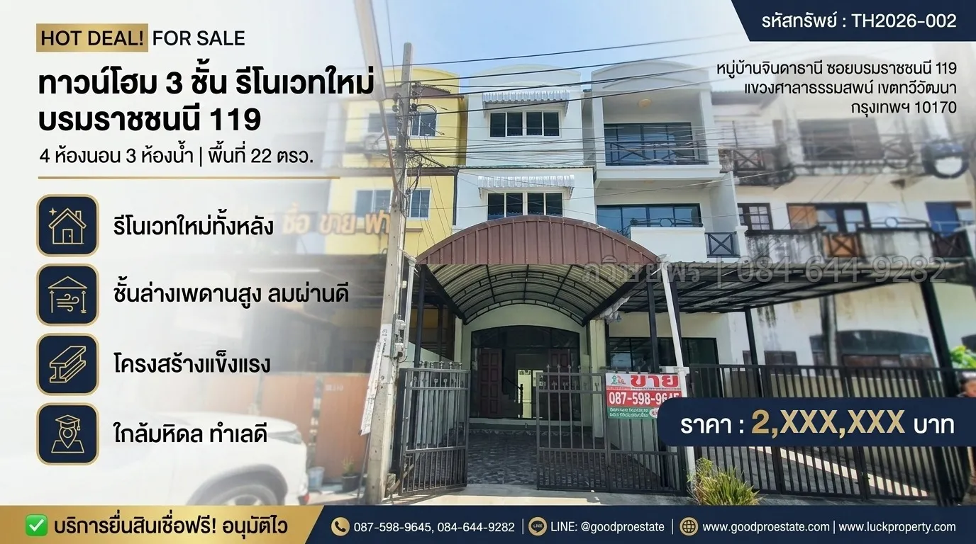 ทาวน์โฮม 3 ชั้น รีโนเวทใหม่ทั้งหลัง บรมราชชนนี 119 | 4 ห้องนอน 3 ห้องน้ำ เพดานสูง บ้านไม่ร้อน โครงสร้างแข็งแรง พร้อมอยู่ ใกล้มหิดล ทำเลดีน่าอยู่!